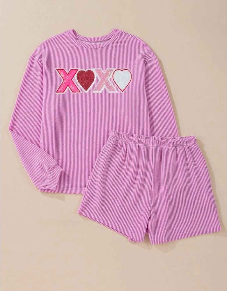 Phalaenopsis Corded Sequined XOXO Heart Valentines Long Sleeve Shorts Set