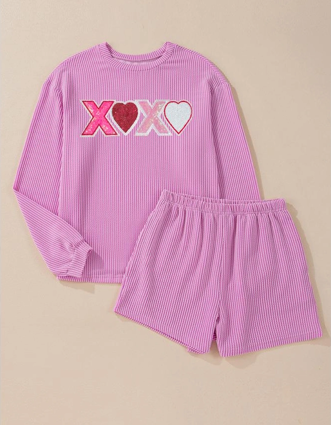 Phalaenopsis Corded Sequined XOXO Heart Valentines Long Sleeve Shorts Set