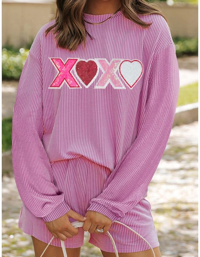 Phalaenopsis Corded Sequined XOXO Heart Valentines Long Sleeve Shorts Set