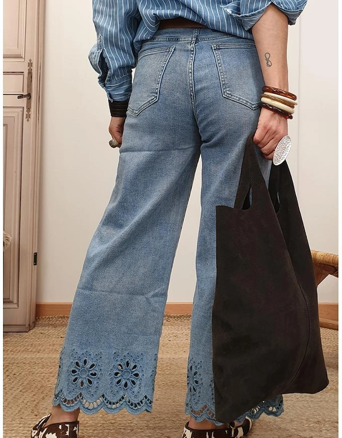 Dusk Blue Embroidered Cropped Wide Leg High Waist Jeans, 16 of 15