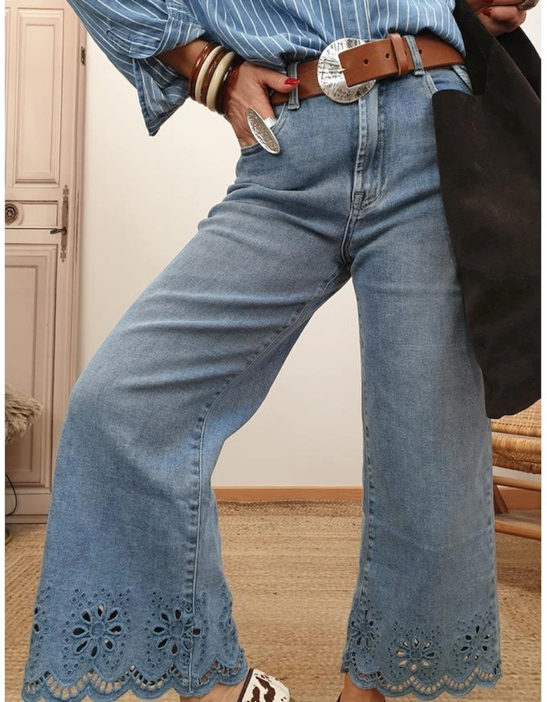 Dusk Blue Embroidered Cropped Wide Leg High Waist Jeans