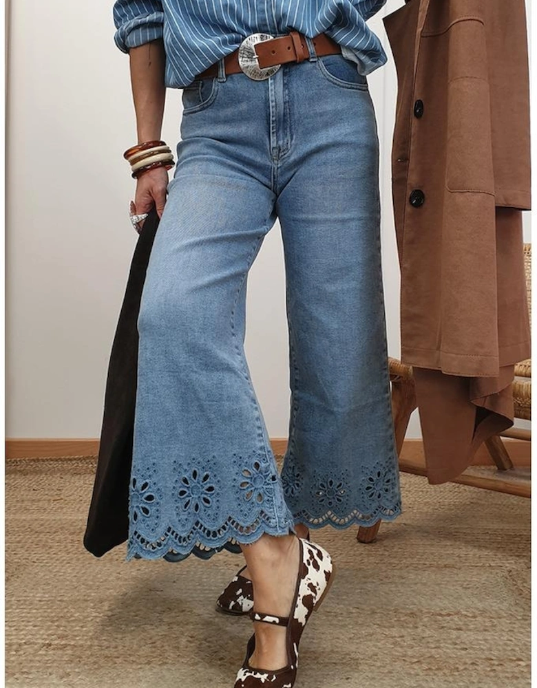 Dusk Blue Embroidered Cropped Wide Leg High Waist Jeans