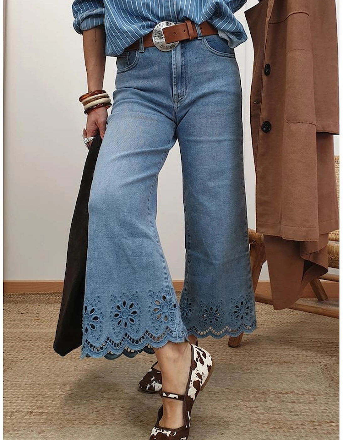 Dusk Blue Embroidered Cropped Wide Leg High Waist Jeans