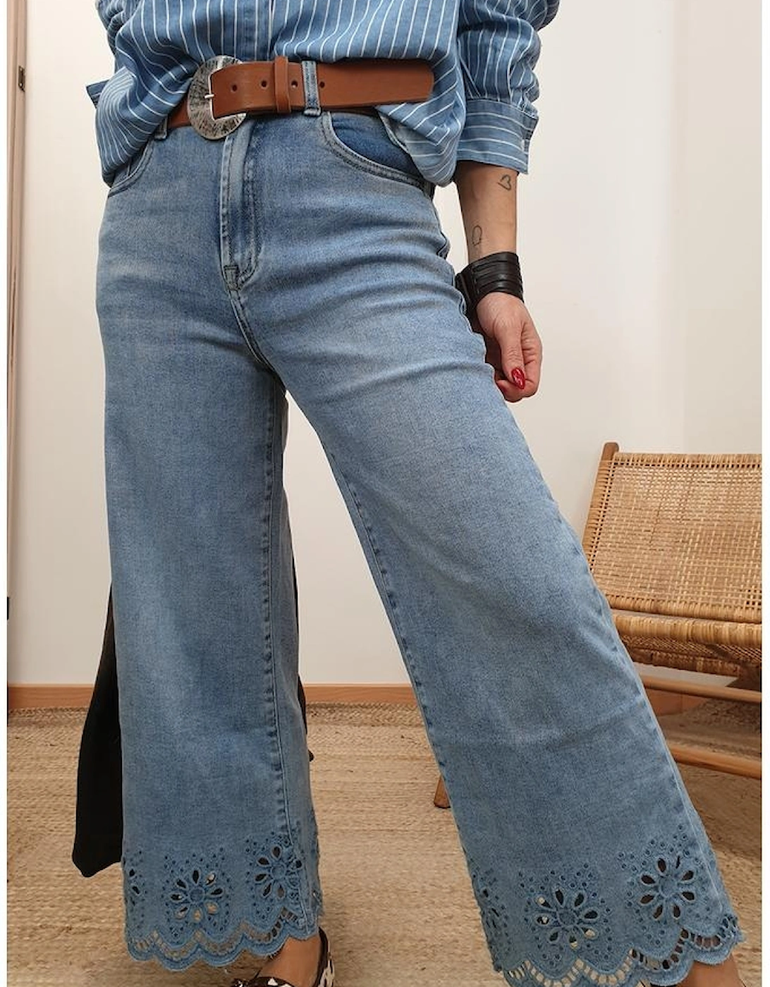 Dusk Blue Embroidered Cropped Wide Leg High Waist Jeans