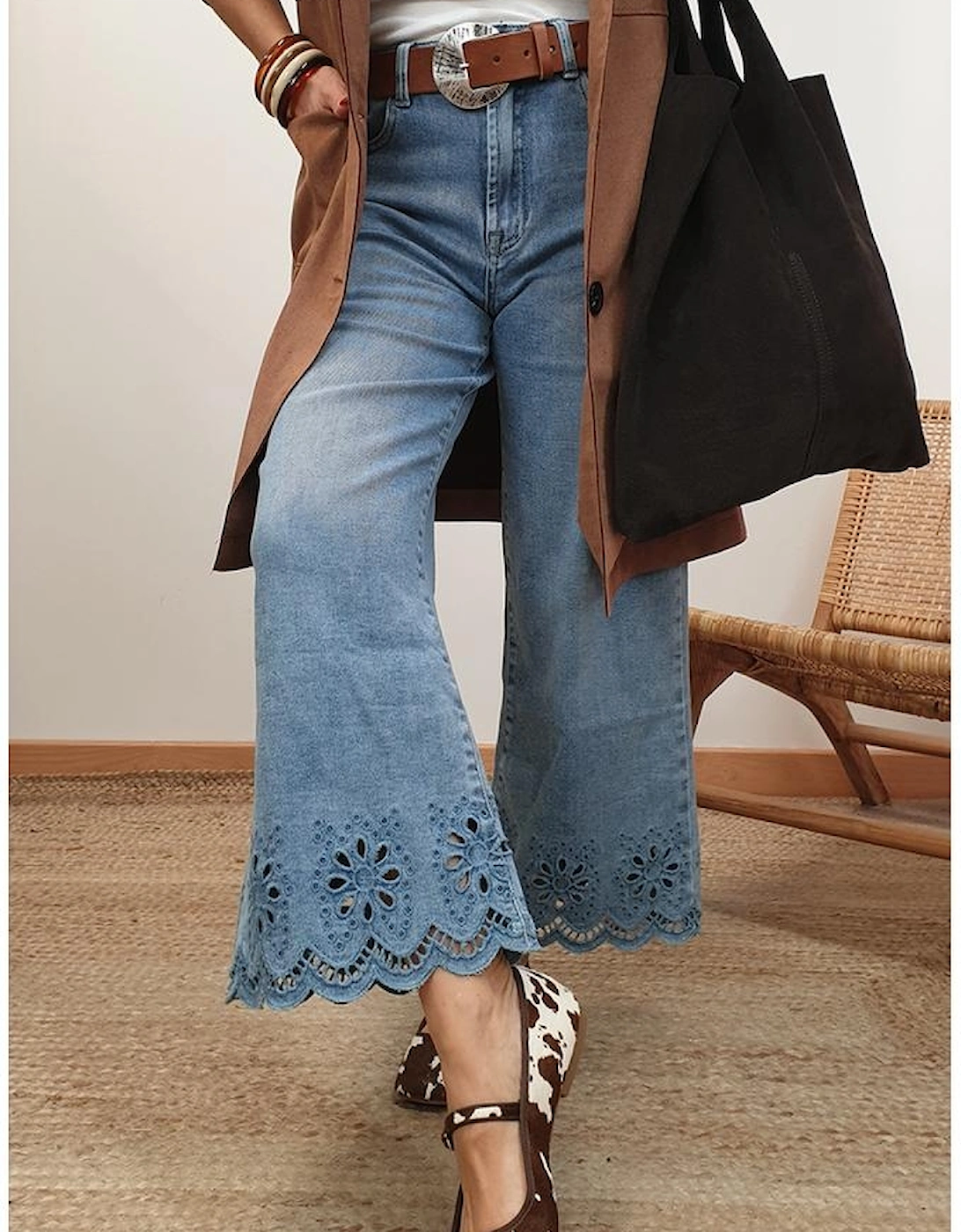 Dusk Blue Embroidered Cropped Wide Leg High Waist Jeans