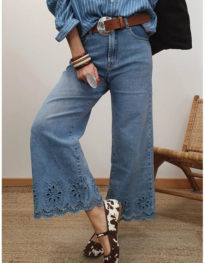Dusk Blue Embroidered Cropped Wide Leg High Waist Jeans