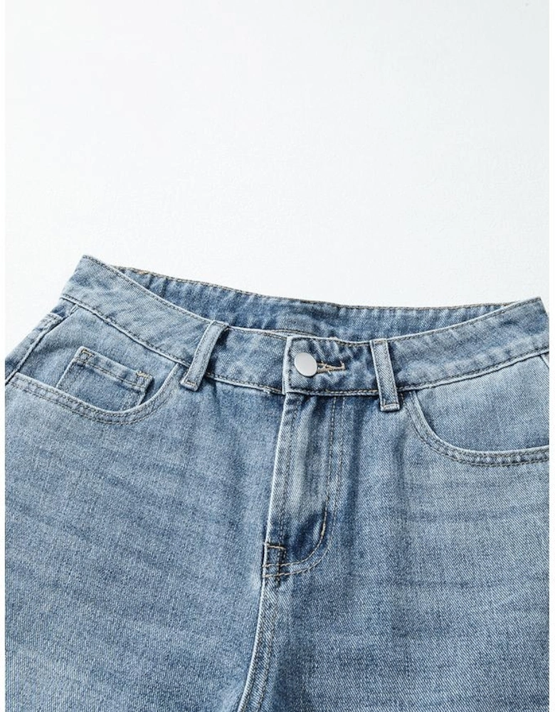 Dusk Blue Embroidered Cropped Wide Leg High Waist Jeans