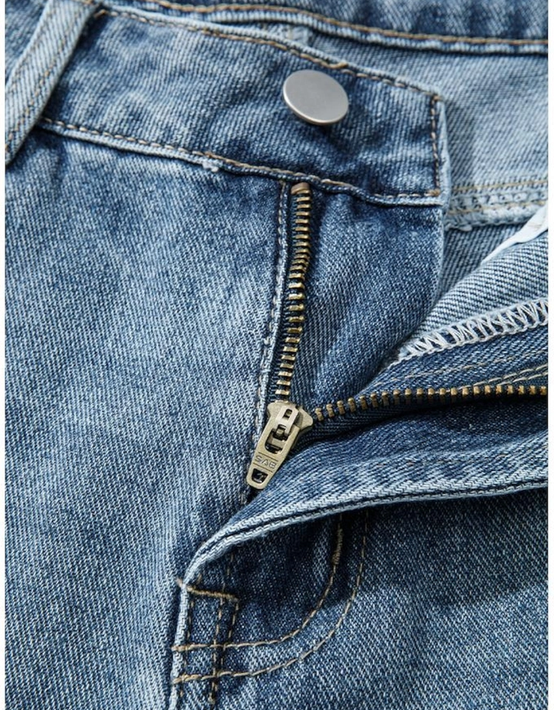 Dusk Blue Embroidered Cropped Wide Leg High Waist Jeans