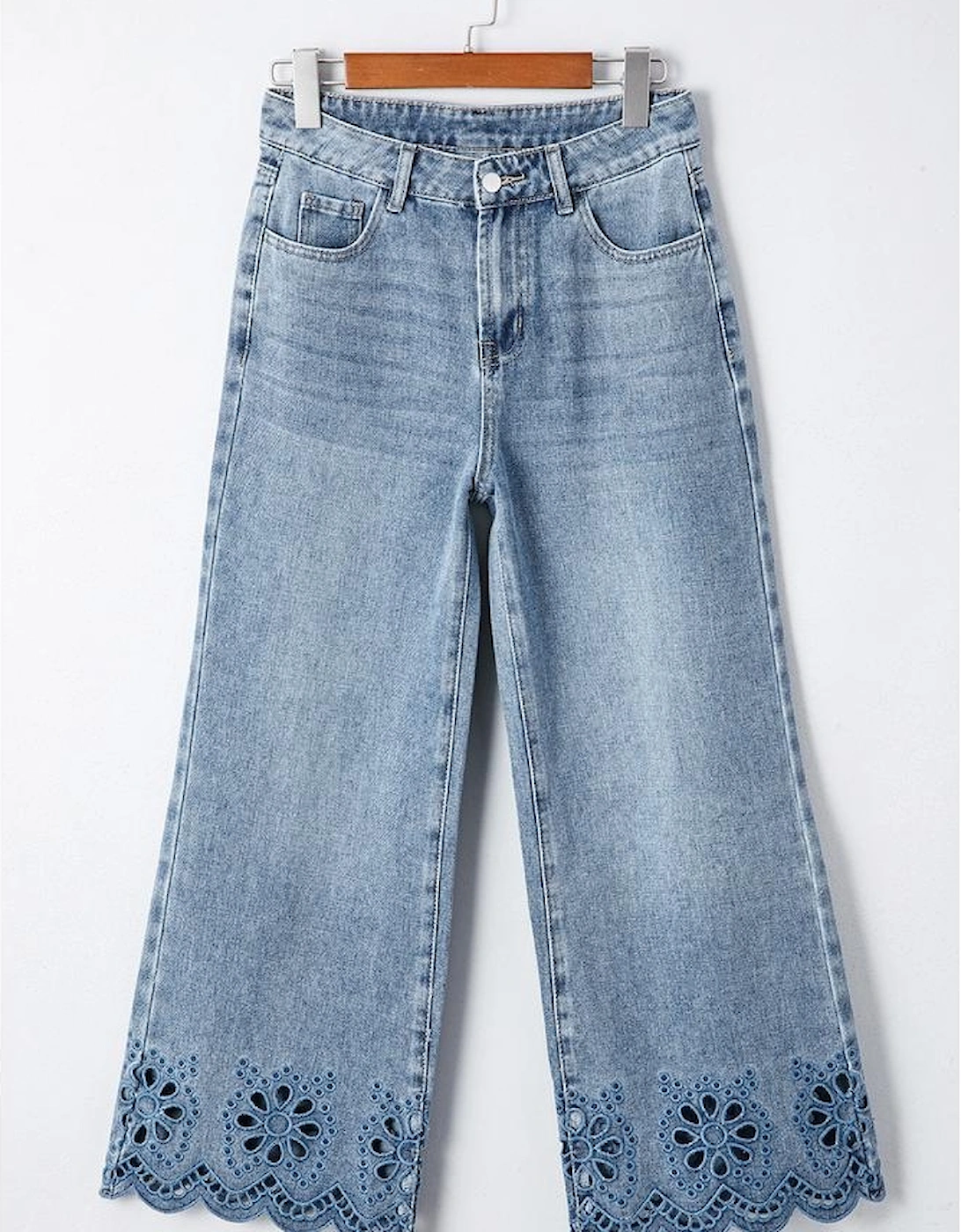 Dusk Blue Embroidered Cropped Wide Leg High Waist Jeans