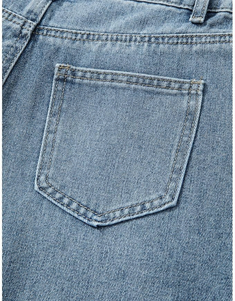 Dusk Blue Embroidered Cropped Wide Leg High Waist Jeans