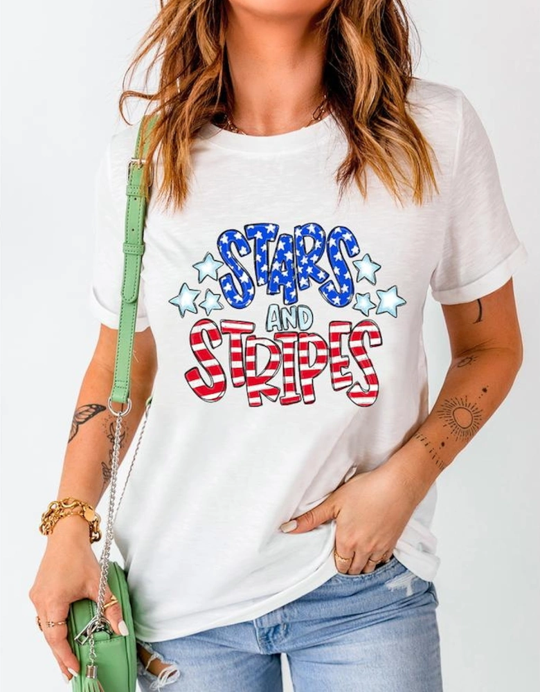 White Stars and Stripes Round Neck Graphic T Shirt