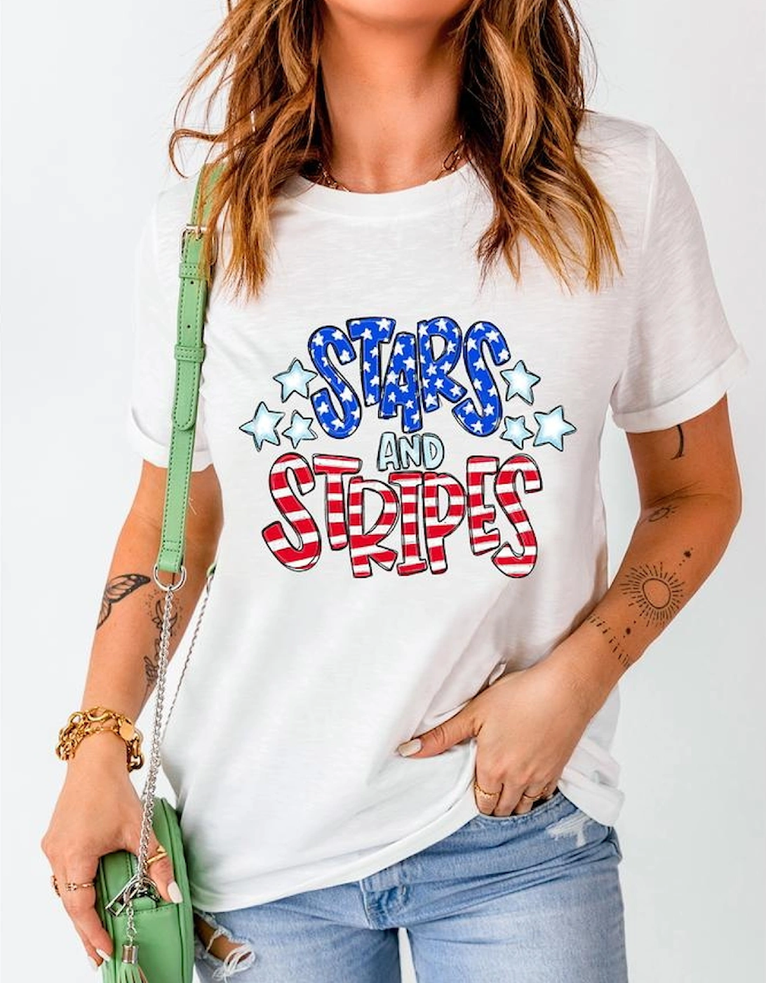 White Stars and Stripes Round Neck Graphic T Shirt