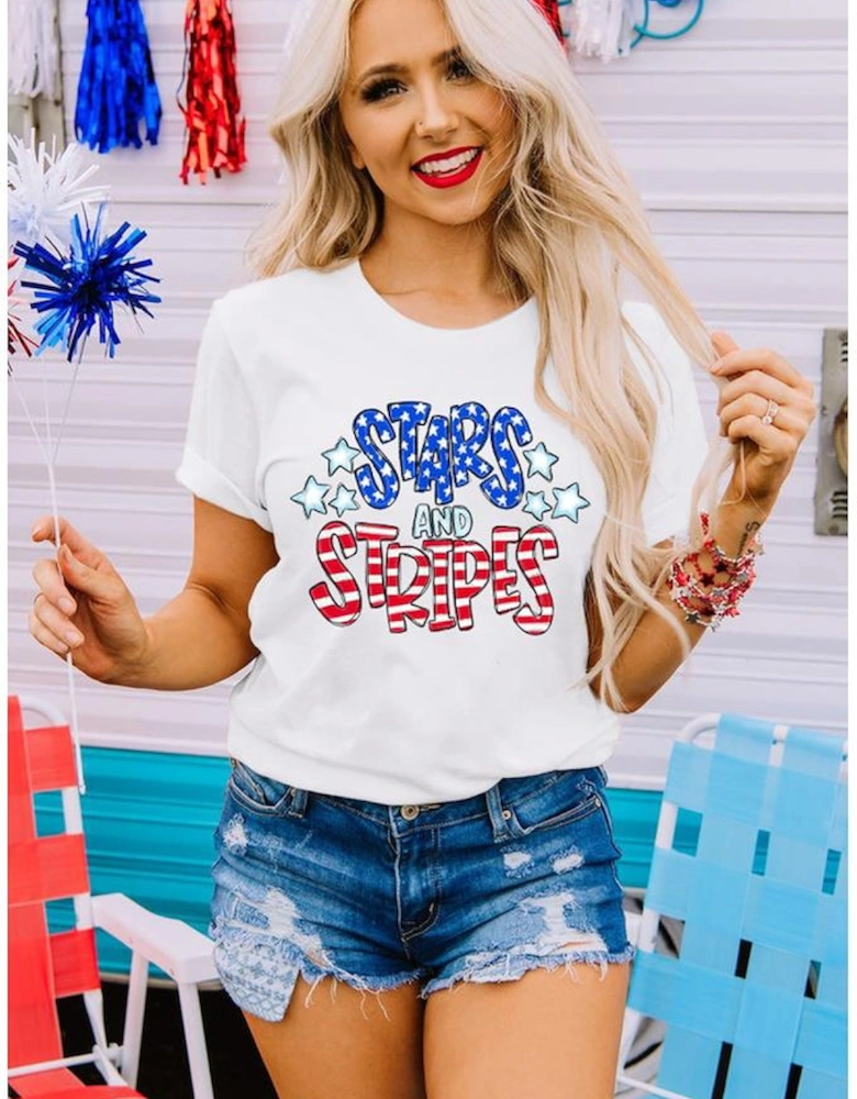 White Stars and Stripes Round Neck Graphic T Shirt