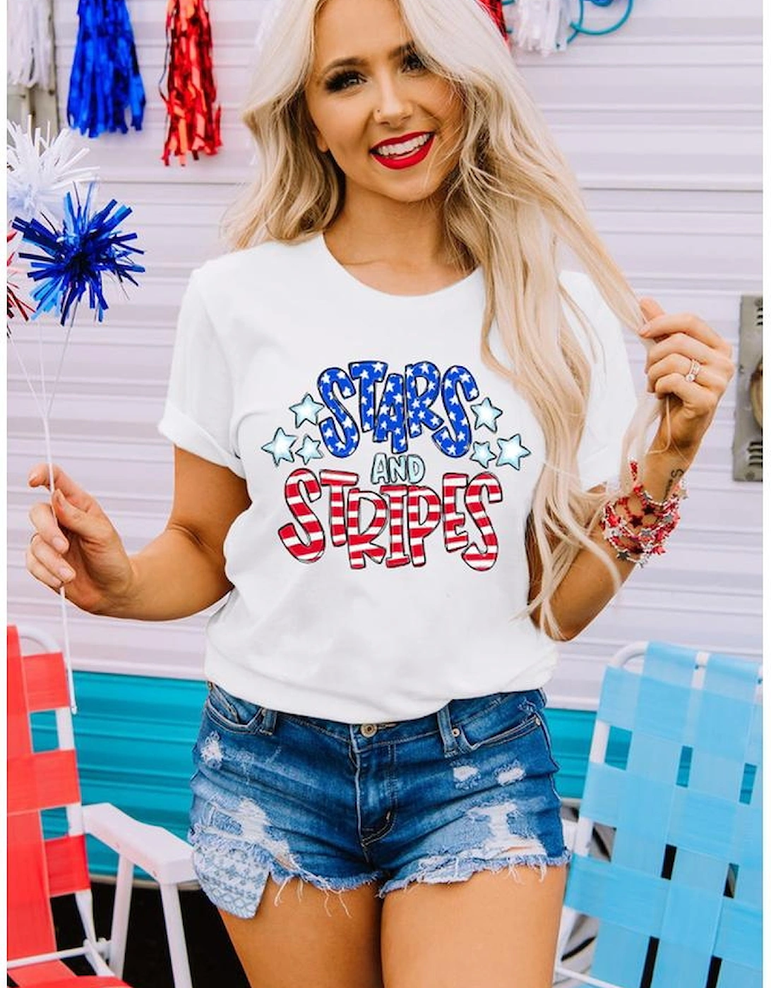 White Stars and Stripes Round Neck Graphic T Shirt