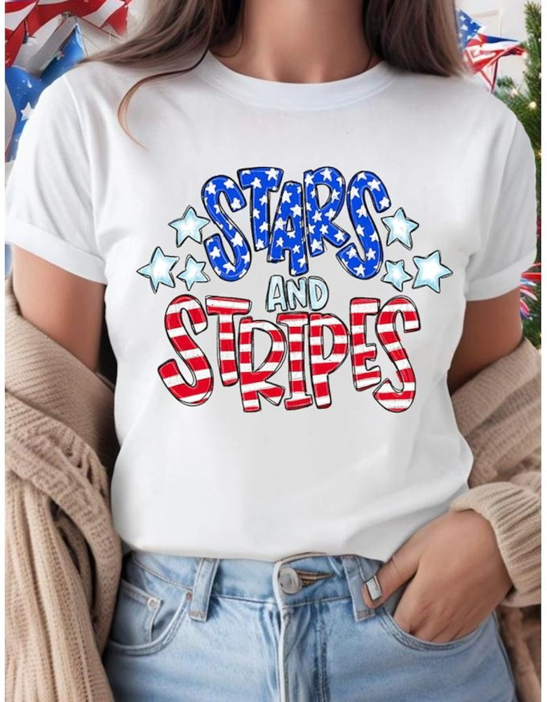 White Stars and Stripes Round Neck Graphic T Shirt
