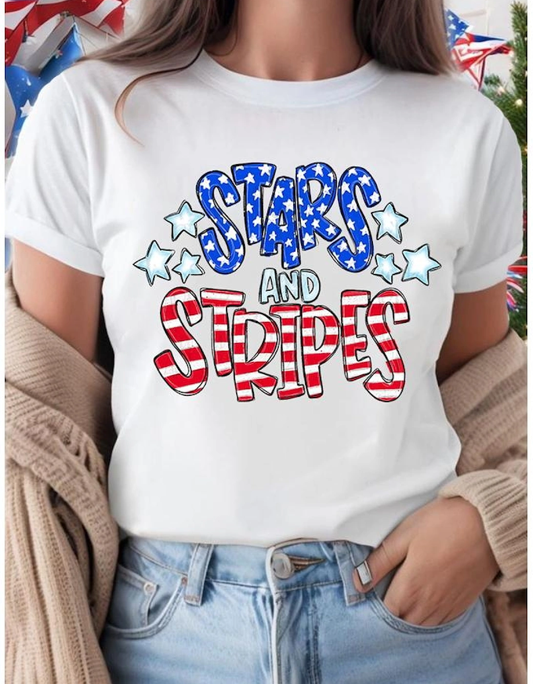 White Stars and Stripes Round Neck Graphic T Shirt