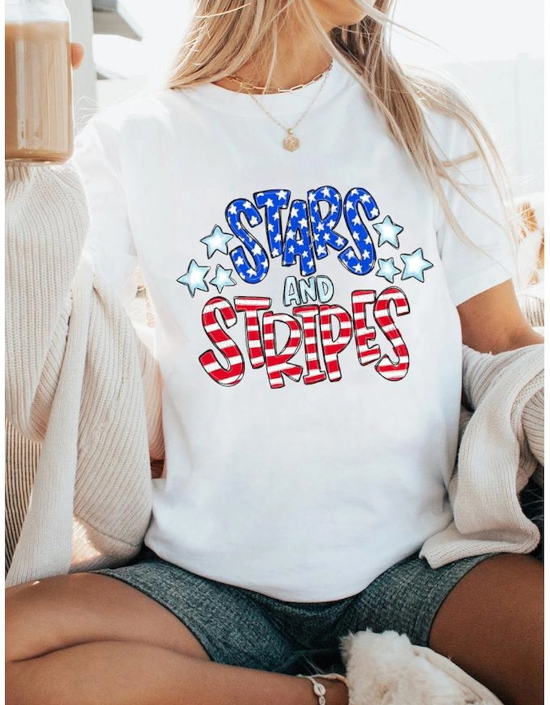 White Stars and Stripes Round Neck Graphic T Shirt