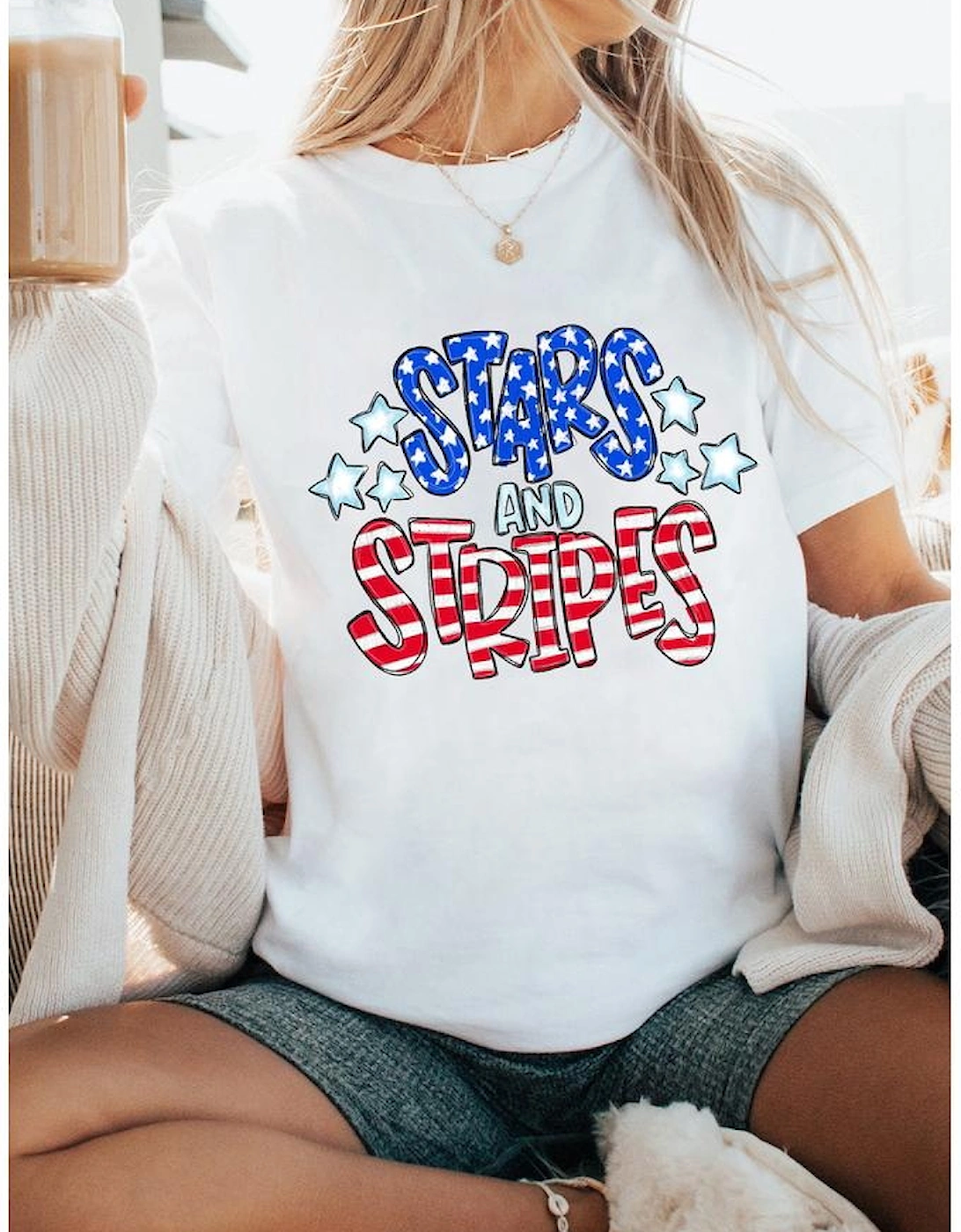 White Stars and Stripes Round Neck Graphic T Shirt, 9 of 8