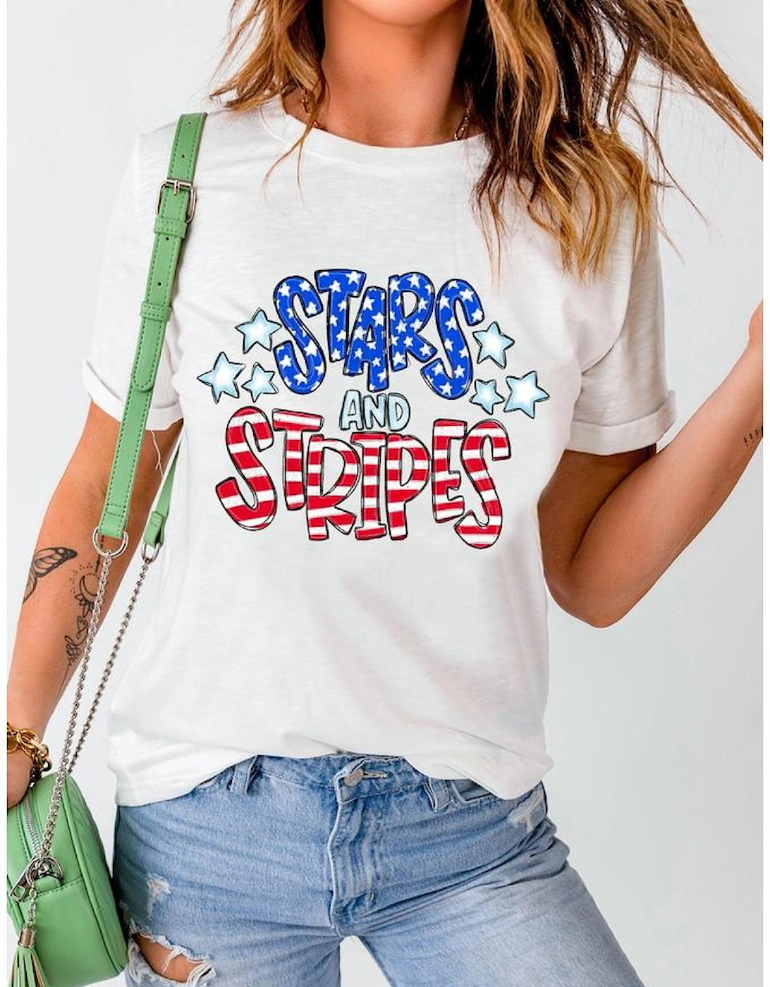 White Stars and Stripes Round Neck Graphic T Shirt
