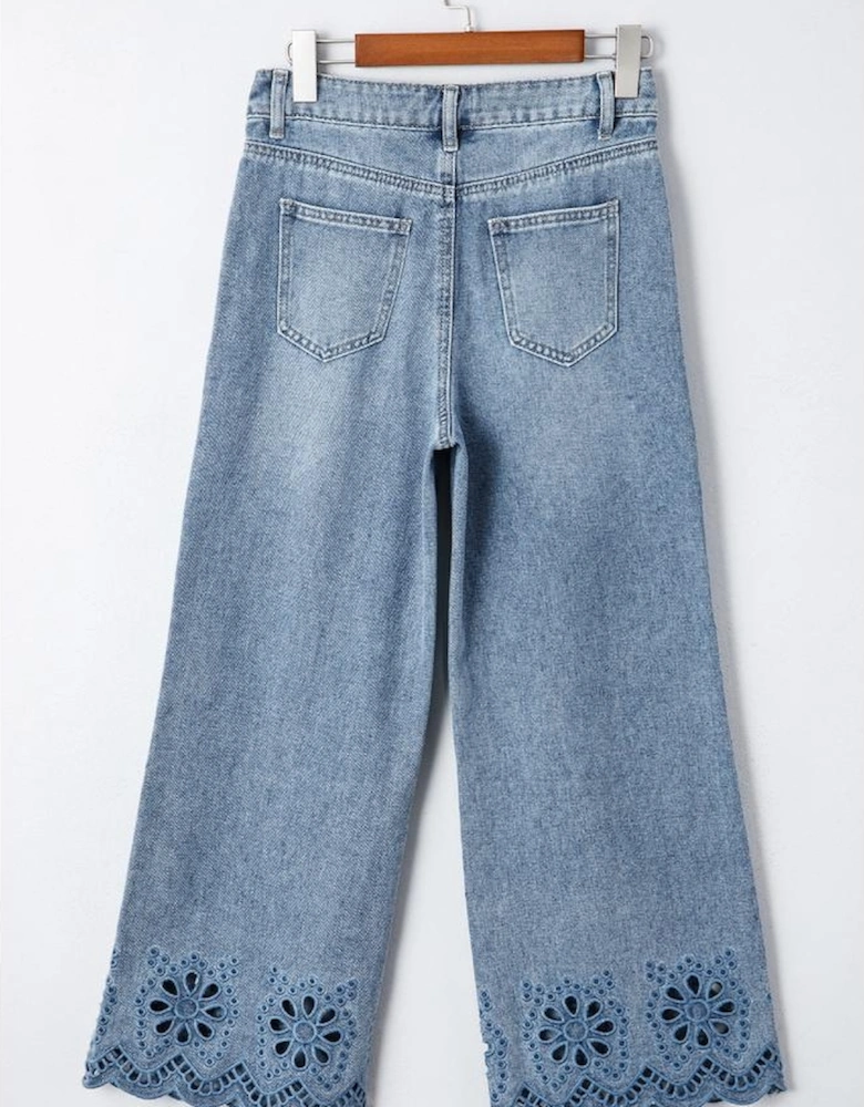 Dusk Blue Embroidered Cropped Wide Leg High Waist Jeans