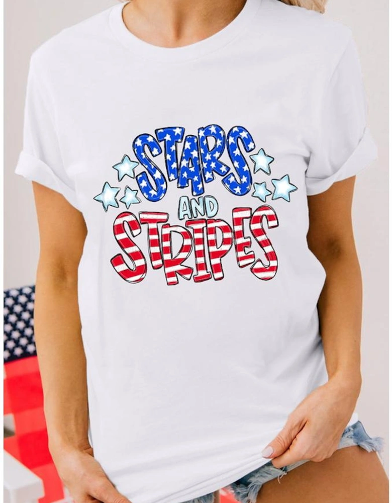 White Stars and Stripes Round Neck Graphic T Shirt