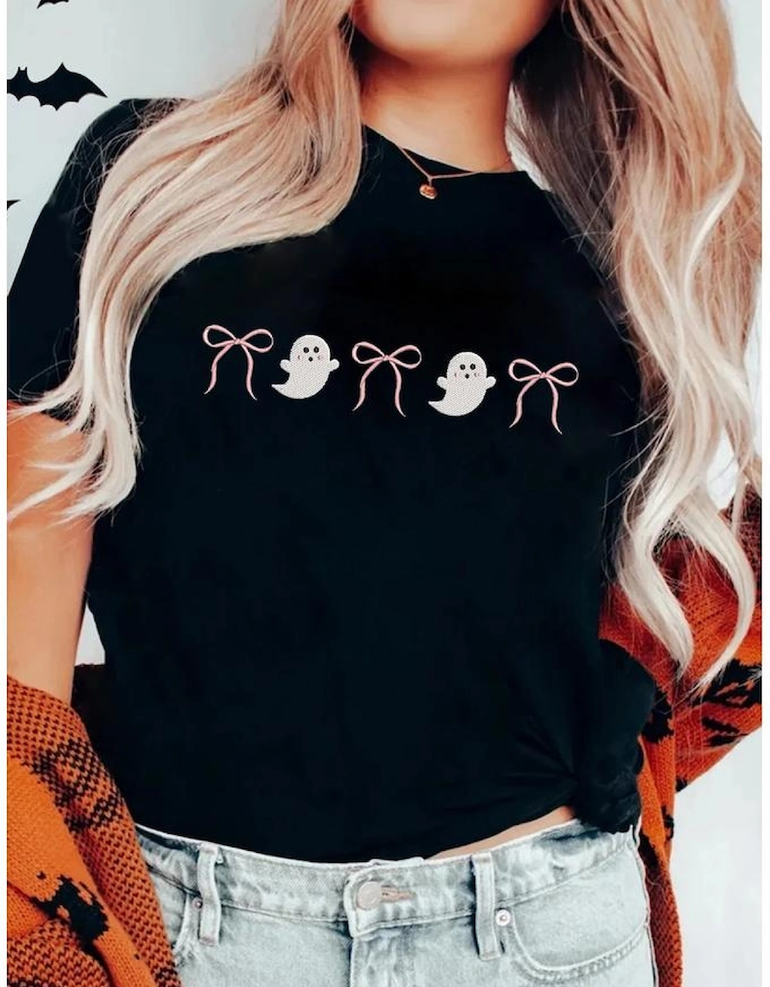 Black Halloween Ghost Bow Embroidered Loose T Shirt