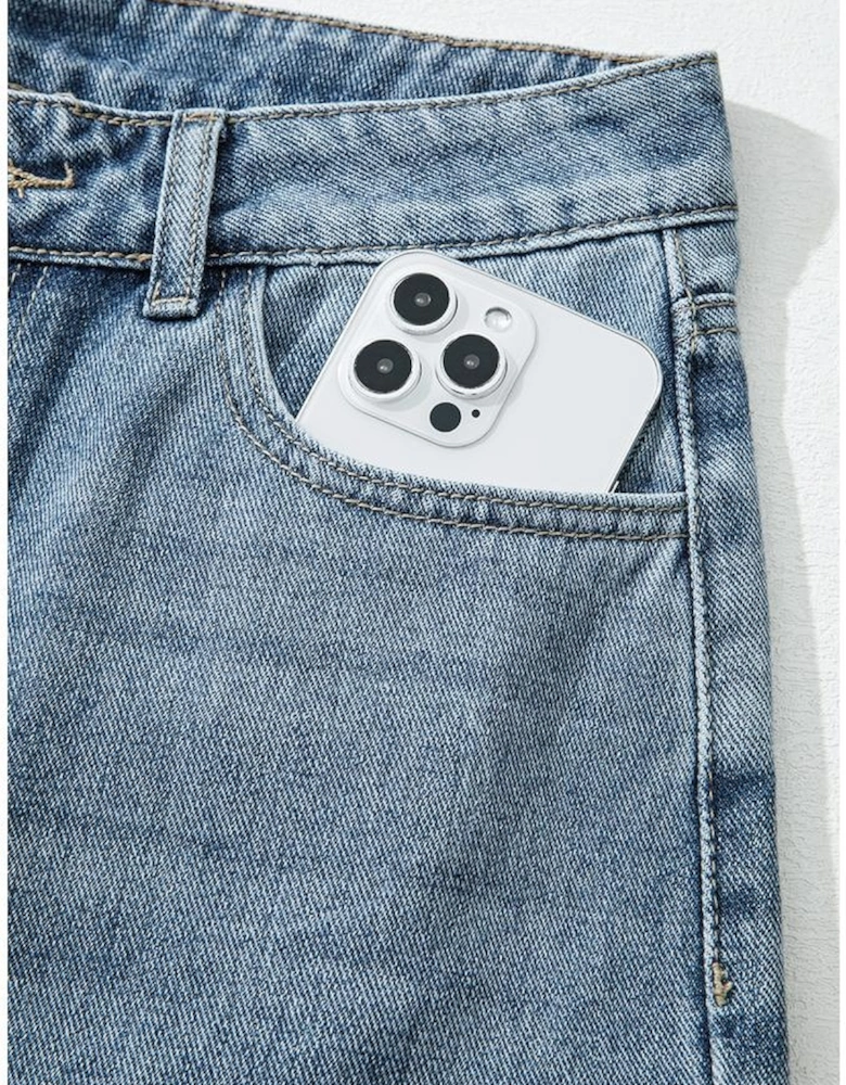 Dusk Blue Embroidered Cropped Wide Leg High Waist Jeans