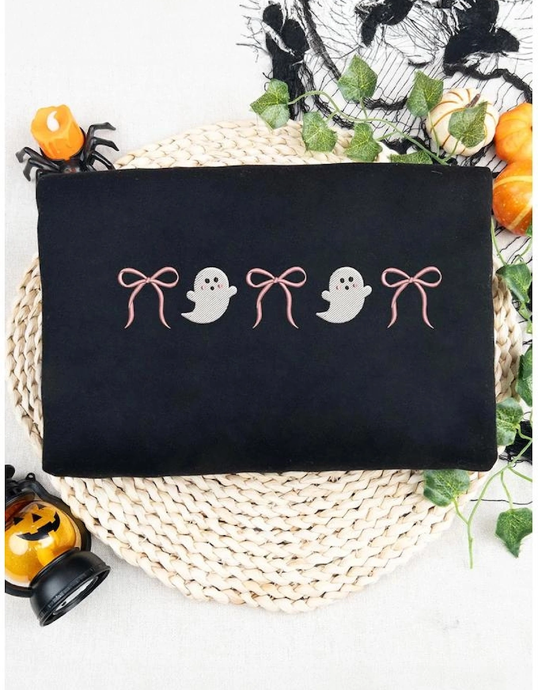 Black Halloween Ghost Bow Embroidered Loose T Shirt