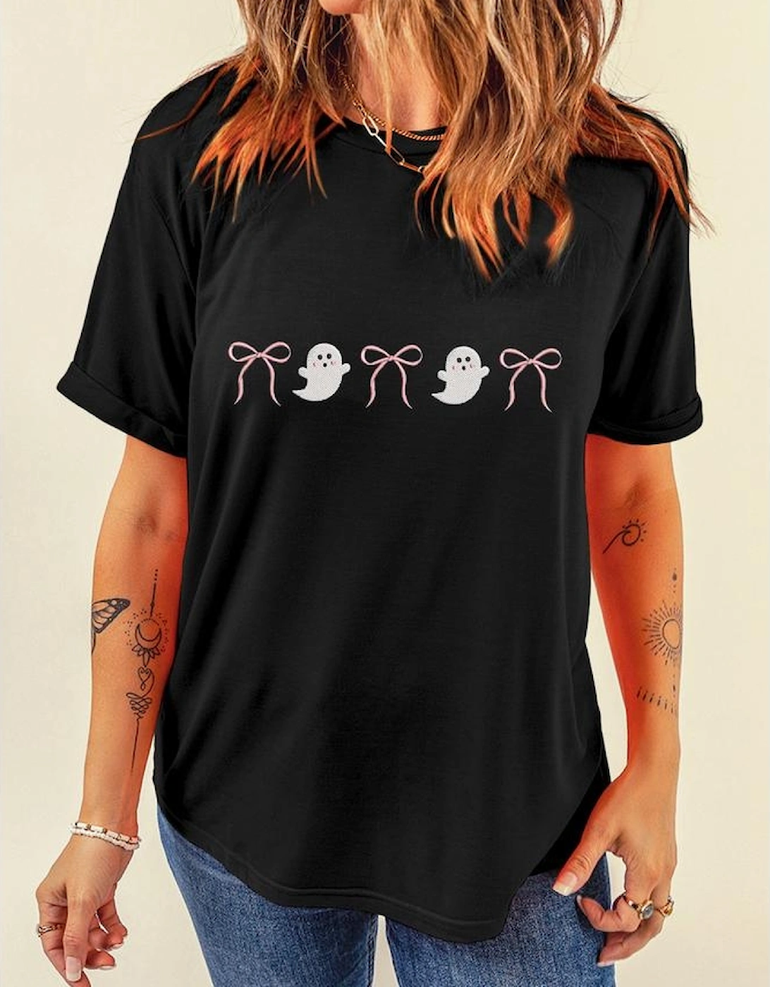 Black Halloween Ghost Bow Embroidered Loose T Shirt