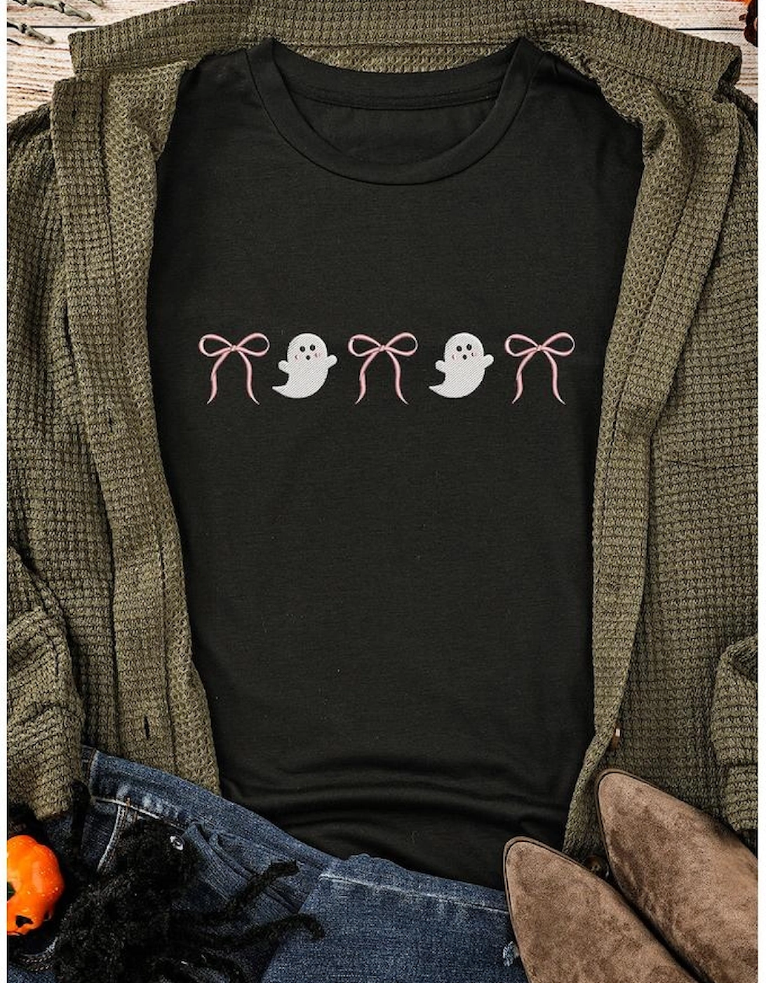 Black Halloween Ghost Bow Embroidered Loose T Shirt