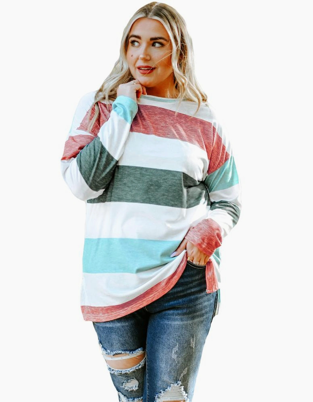 Green Plus Size Colorblock Pullover Top