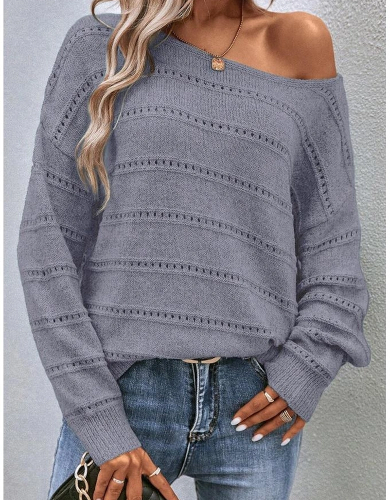 Light Grey Boat Neck Drop Shoulder Pointelle Knit Sweater