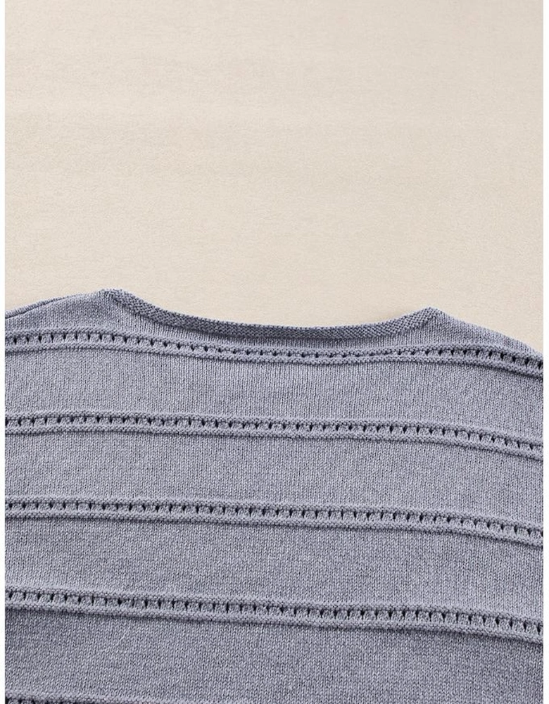 Light Grey Boat Neck Drop Shoulder Pointelle Knit Sweater