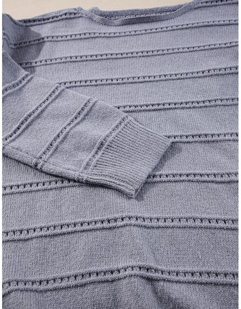 Light Grey Boat Neck Drop Shoulder Pointelle Knit Sweater