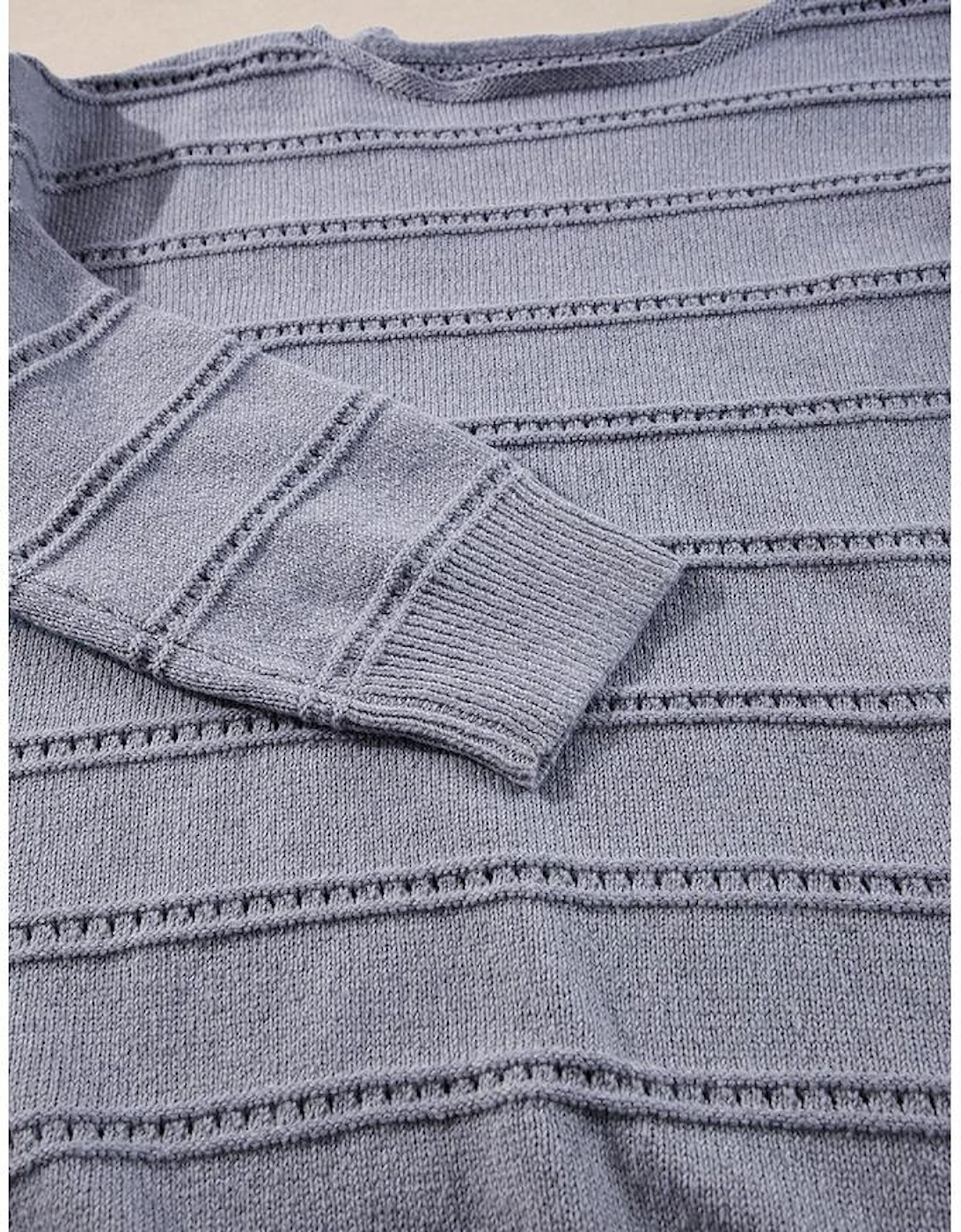 Light Grey Boat Neck Drop Shoulder Pointelle Knit Sweater