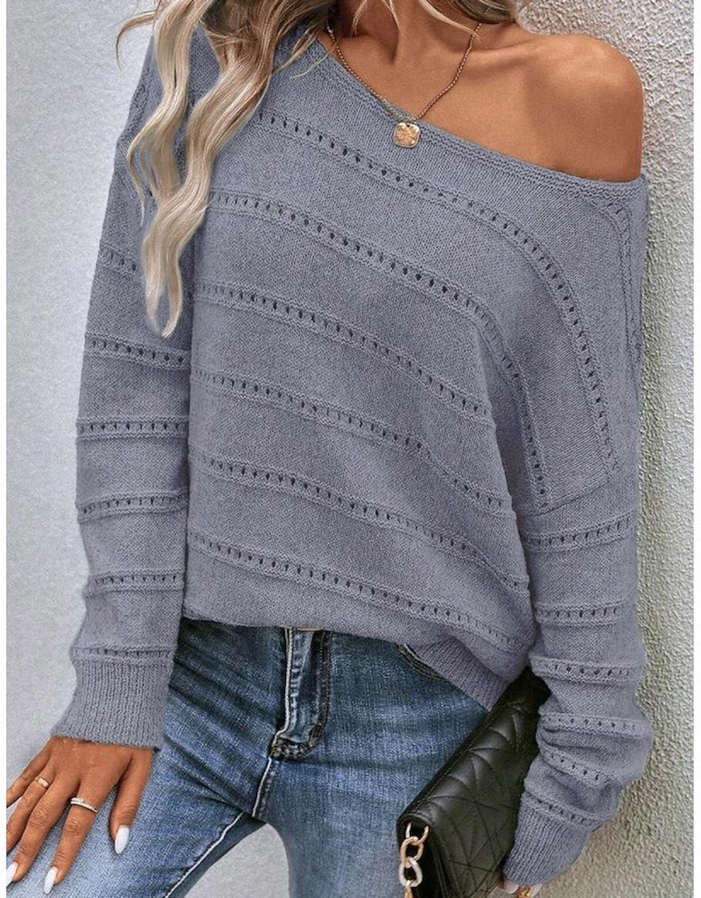 Light Grey Boat Neck Drop Shoulder Pointelle Knit Sweater