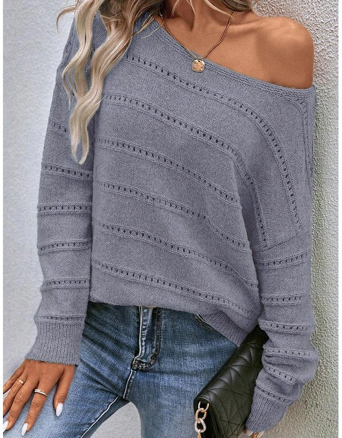 Light Grey Boat Neck Drop Shoulder Pointelle Knit Sweater