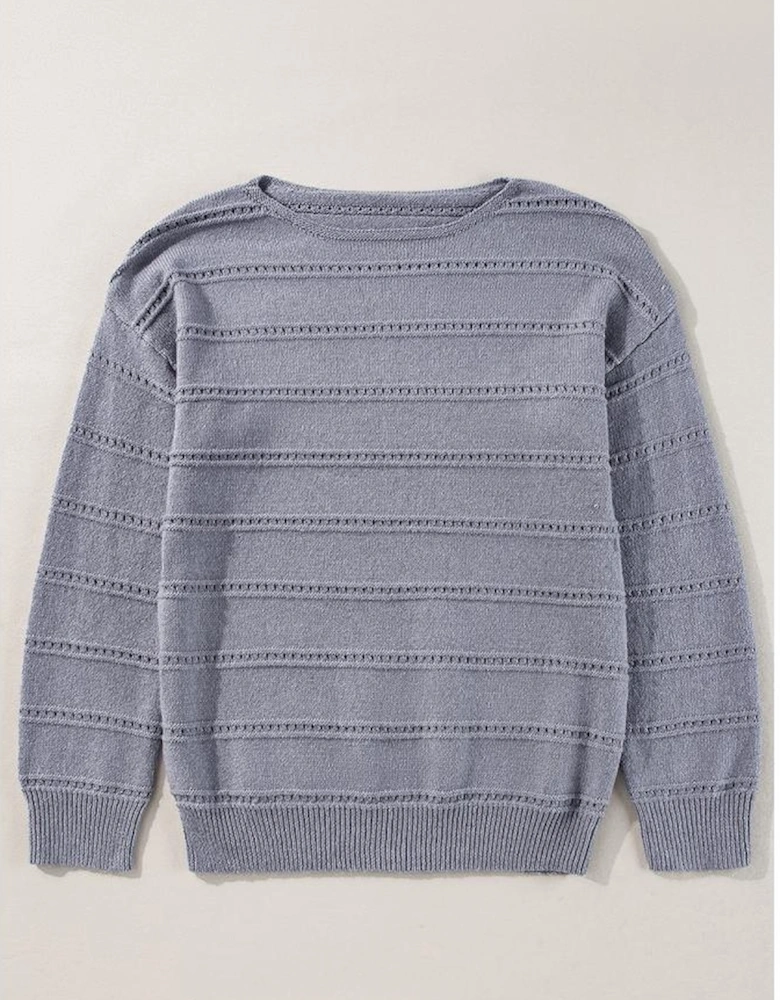 Light Grey Boat Neck Drop Shoulder Pointelle Knit Sweater