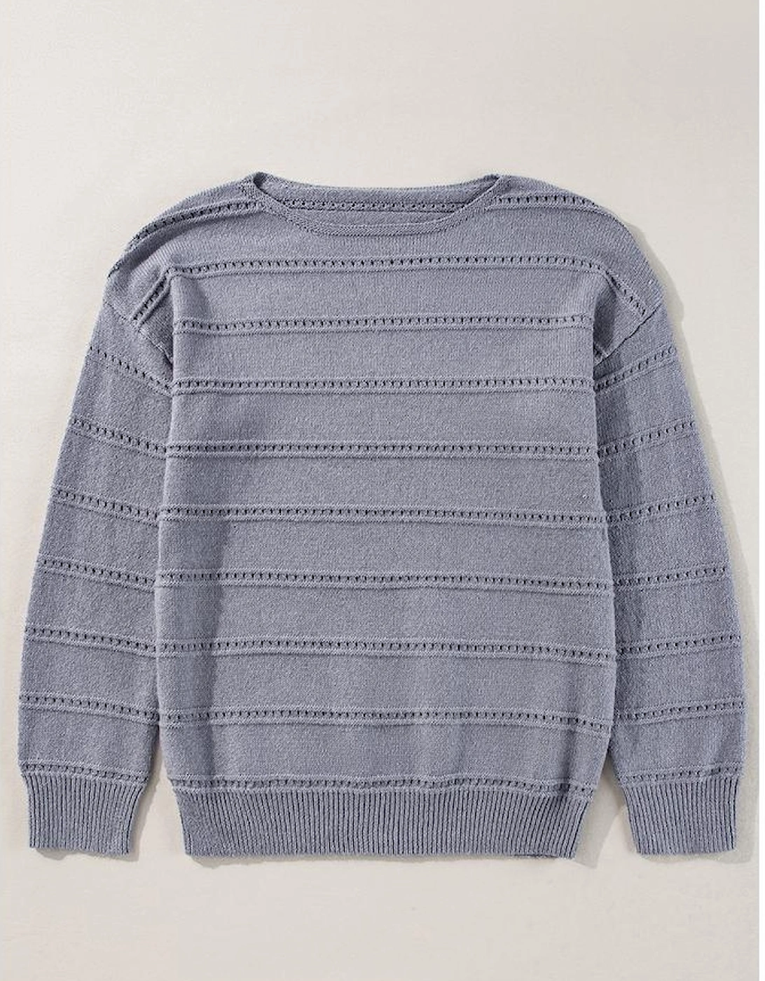 Light Grey Boat Neck Drop Shoulder Pointelle Knit Sweater