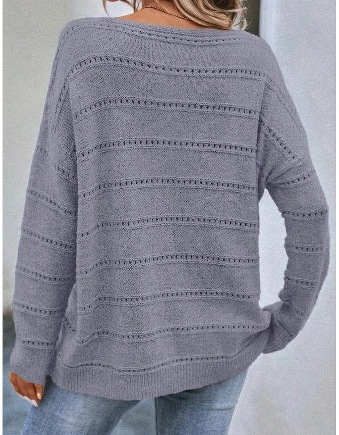 Light Grey Boat Neck Drop Shoulder Pointelle Knit Sweater