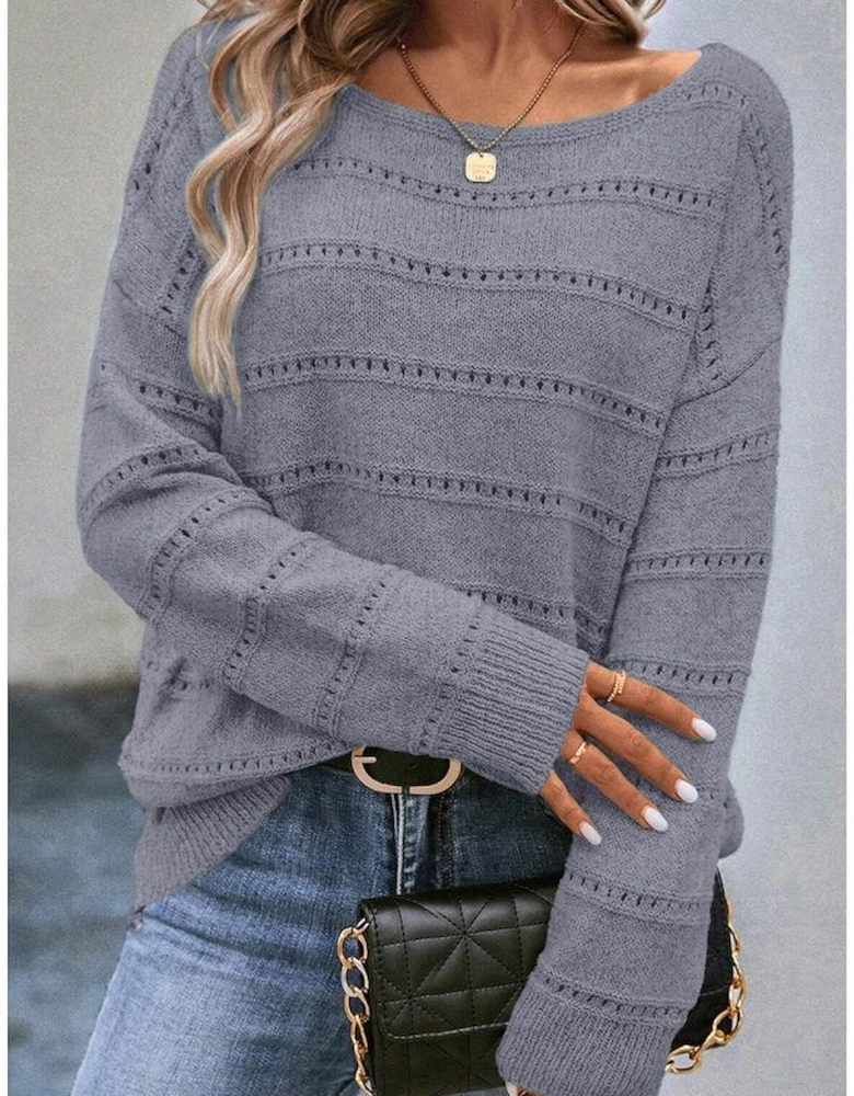 Light Grey Boat Neck Drop Shoulder Pointelle Knit Sweater