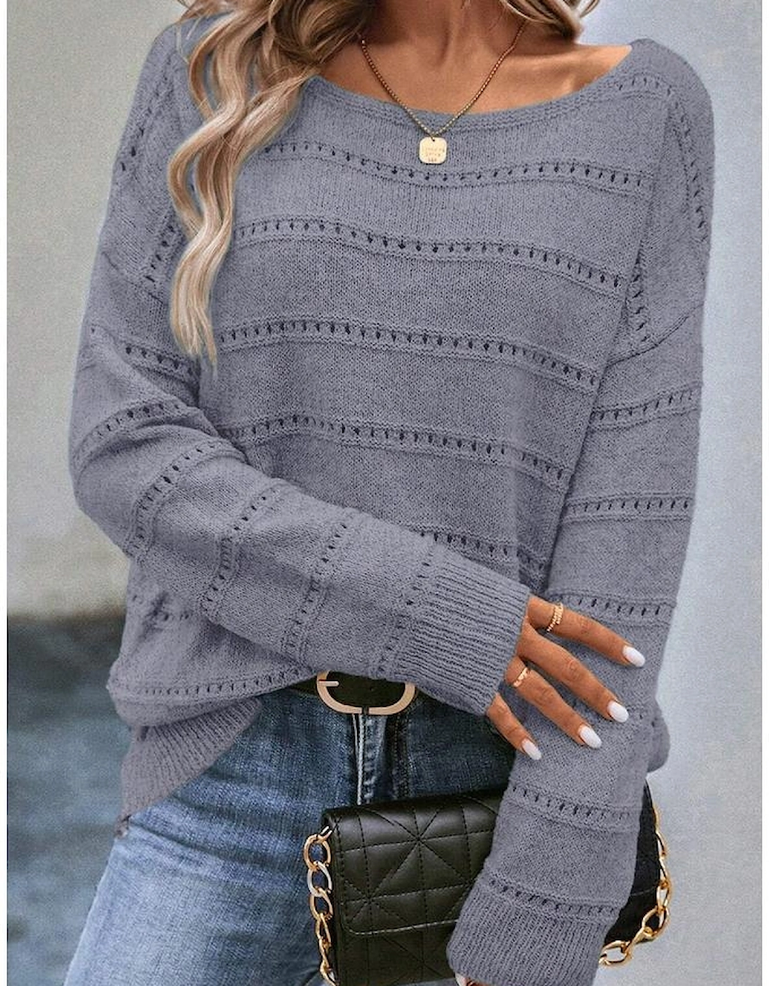 Light Grey Boat Neck Drop Shoulder Pointelle Knit Sweater