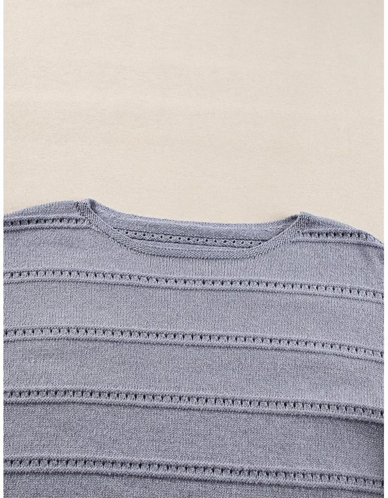 Light Grey Boat Neck Drop Shoulder Pointelle Knit Sweater