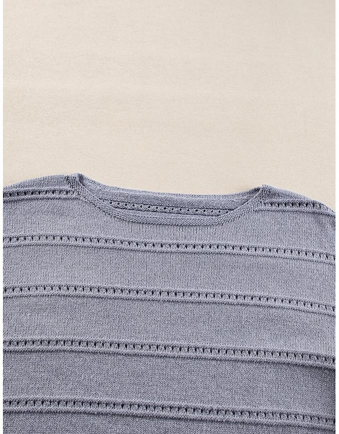 Light Grey Boat Neck Drop Shoulder Pointelle Knit Sweater