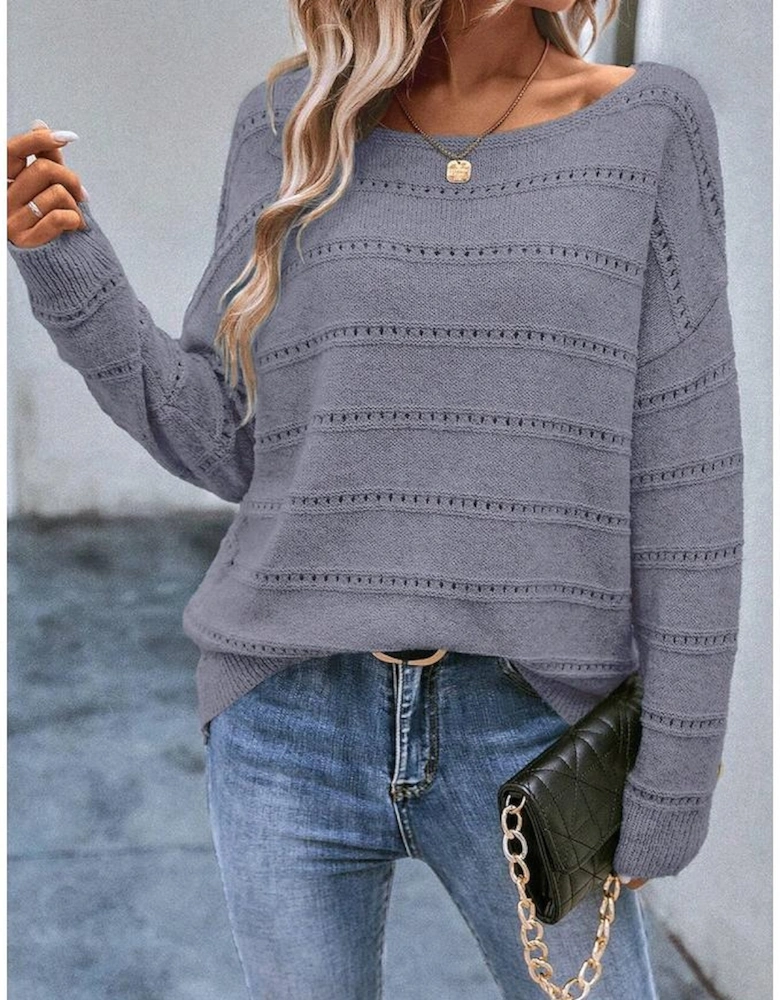Light Grey Boat Neck Drop Shoulder Pointelle Knit Sweater