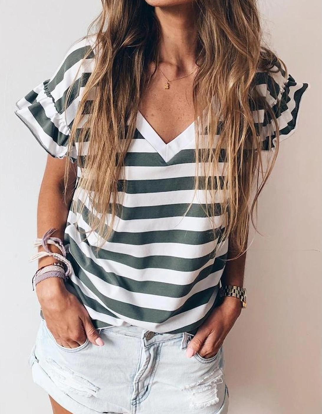 Sea Green Striped V Neck Ruffle Sleeve Top, 8 of 7