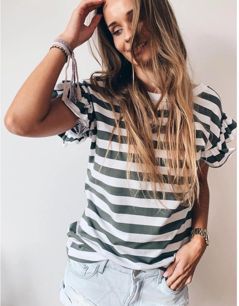 Sea Green Striped V Neck Ruffle Sleeve Top