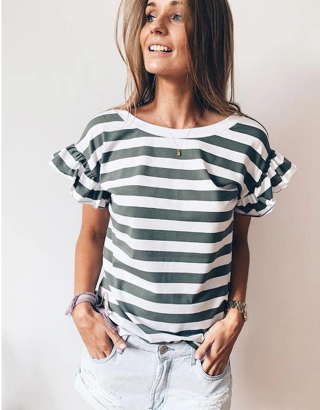 Sea Green Striped V Neck Ruffle Sleeve Top