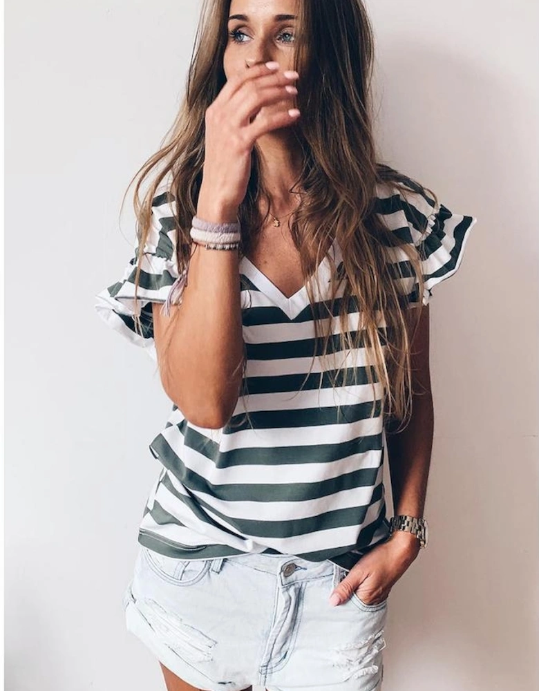 Sea Green Striped V Neck Ruffle Sleeve Top