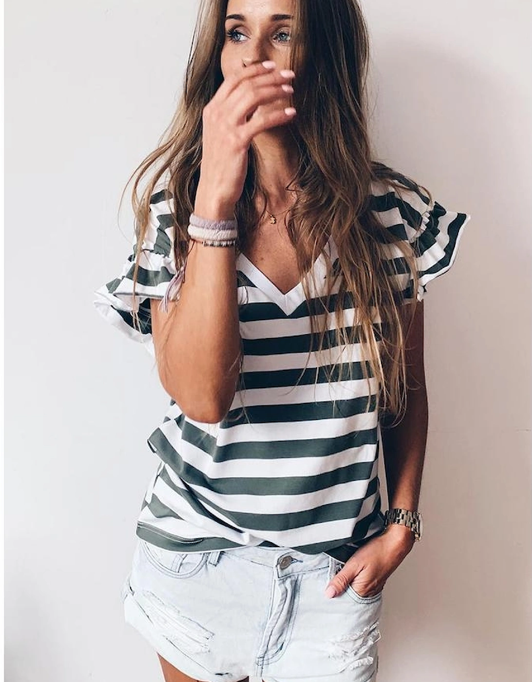Sea Green Striped V Neck Ruffle Sleeve Top